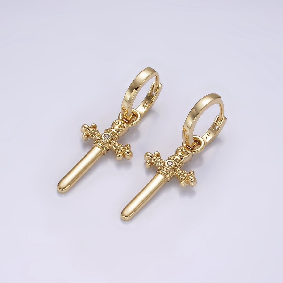 14K Gold Filled Artisan Fleury Cross Sword CZ Drop Huggie Earrings