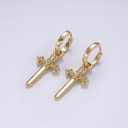 14K Gold Filled Artisan Fleury Cross Sword CZ Drop Huggie Earrings