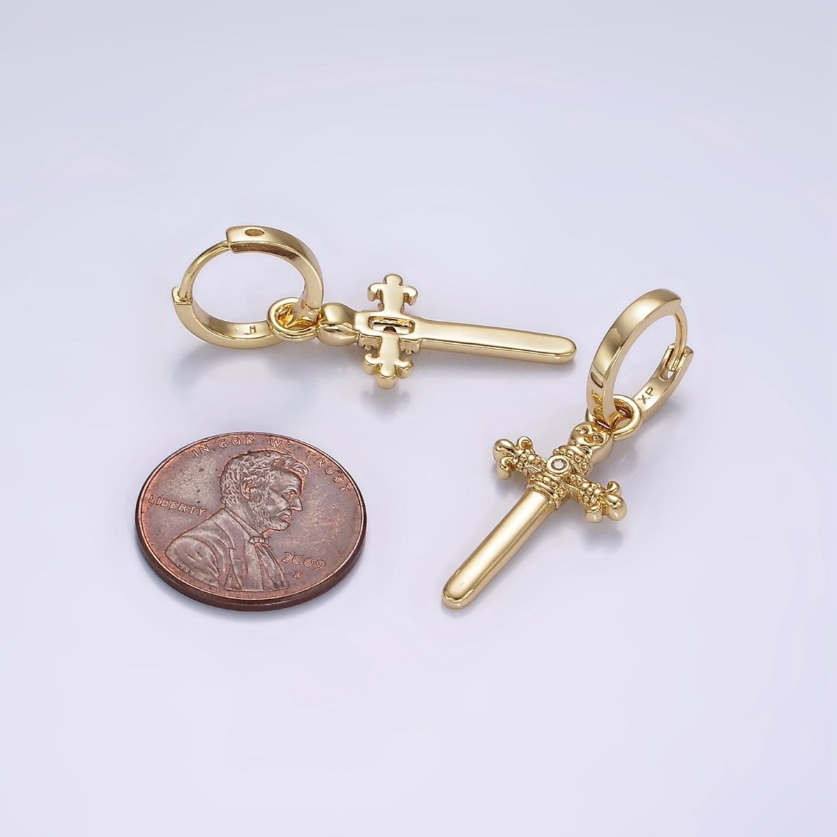 14K Gold Filled Artisan Fleury Cross Sword CZ Drop Huggie Earrings