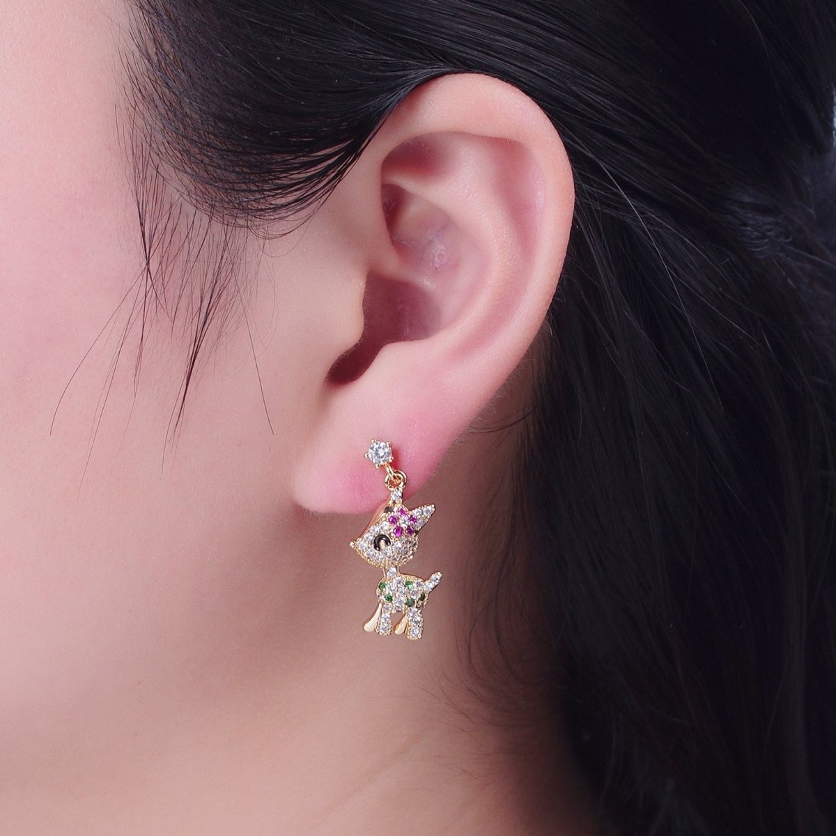 Sweet 14K Gold Filled Baby Woodland Doe Multicolor Micro Pave CZ Stud Earrings