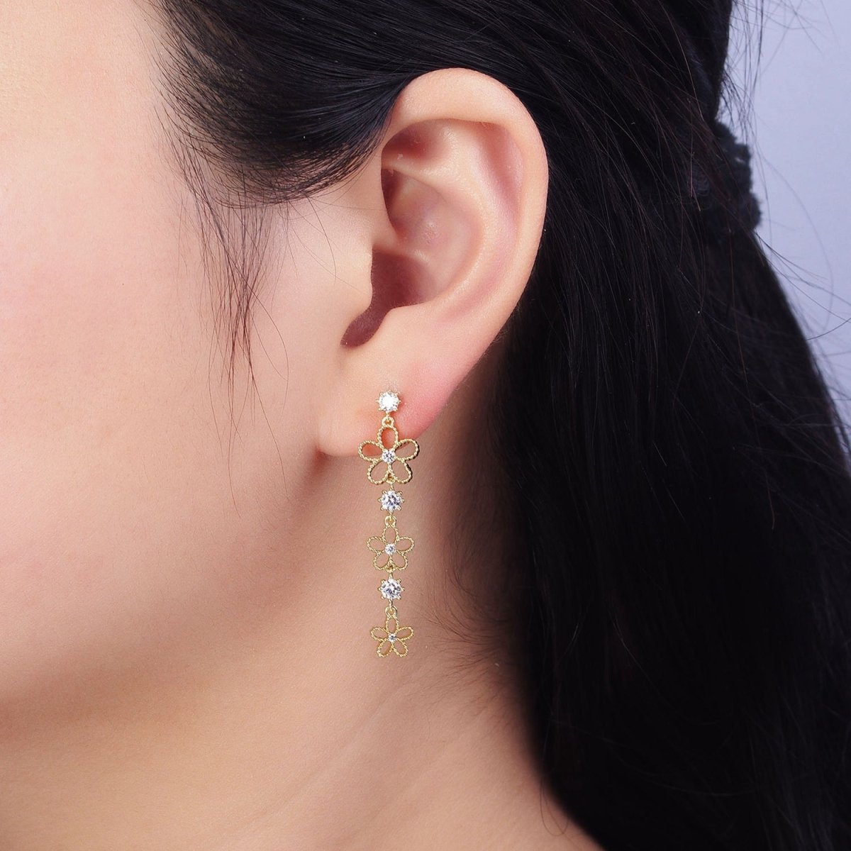 14K Gold Filled Beaded Flower Clear CZ Linear Drop Stud Earrings