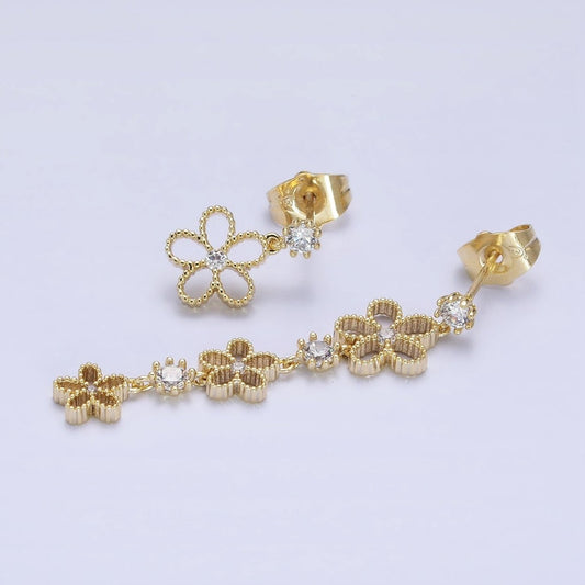 14K Gold Filled Beaded Flower Clear CZ Linear Drop Stud Earrings