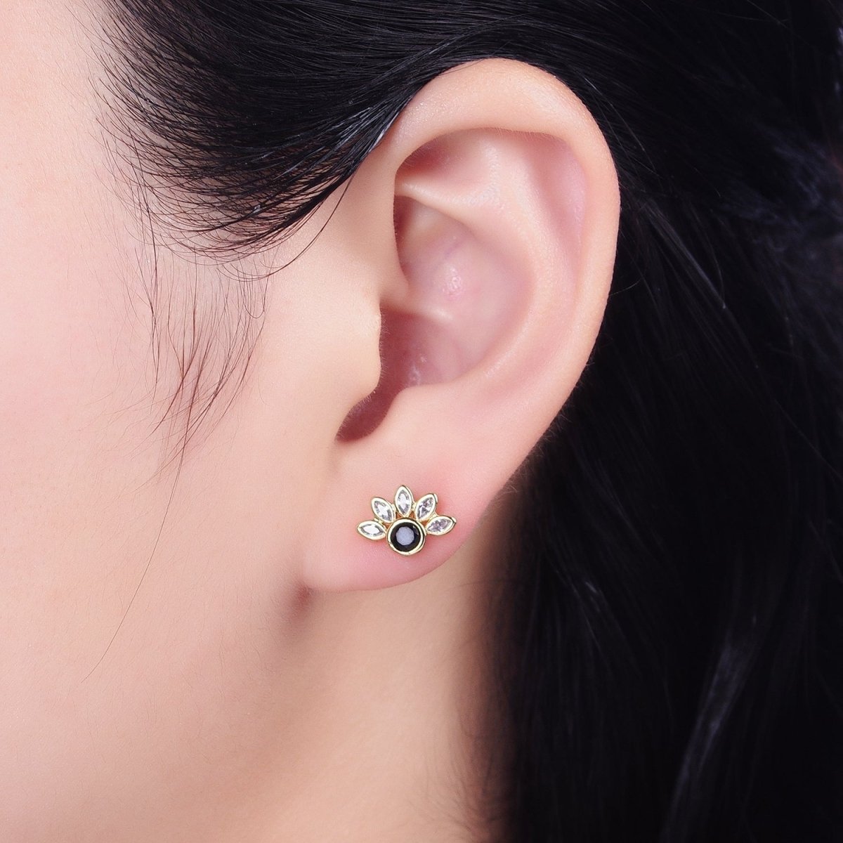Dainty 14K Gold Filled Black Clear CZ Marquise Sun Stud Earrings