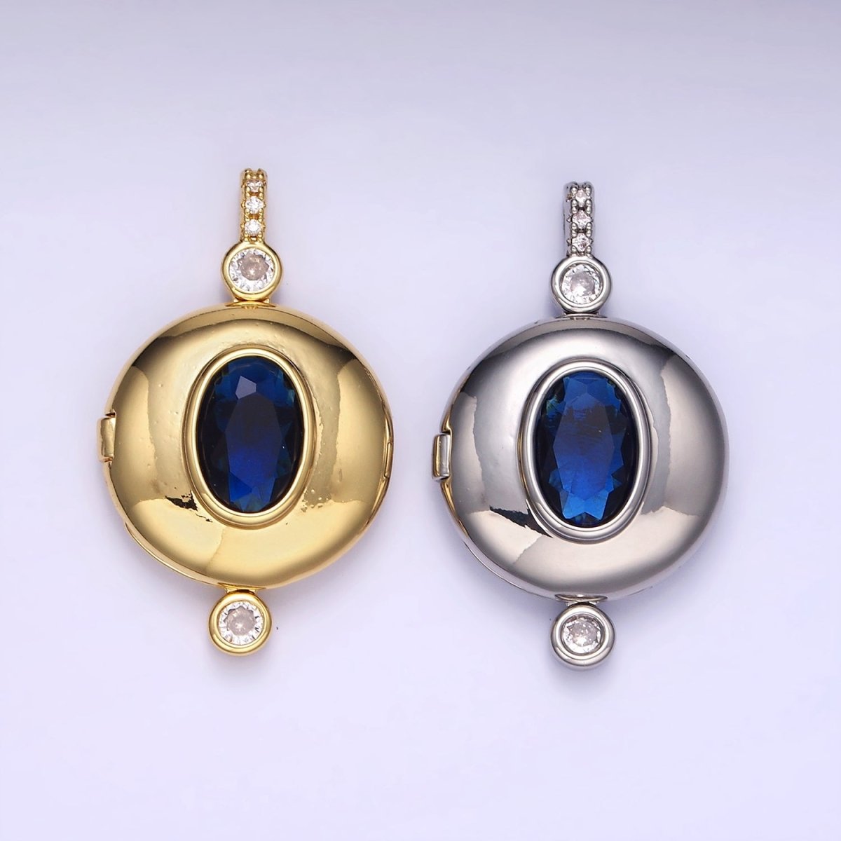 Gold Filled Blue CZ Oval Round Locket Micro Pave Bail Pendant in Gold or Silver