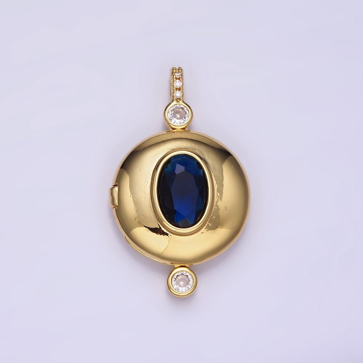 Gold Filled Blue CZ Oval Round Locket Micro Pave Bail Pendant in Gold or Silver