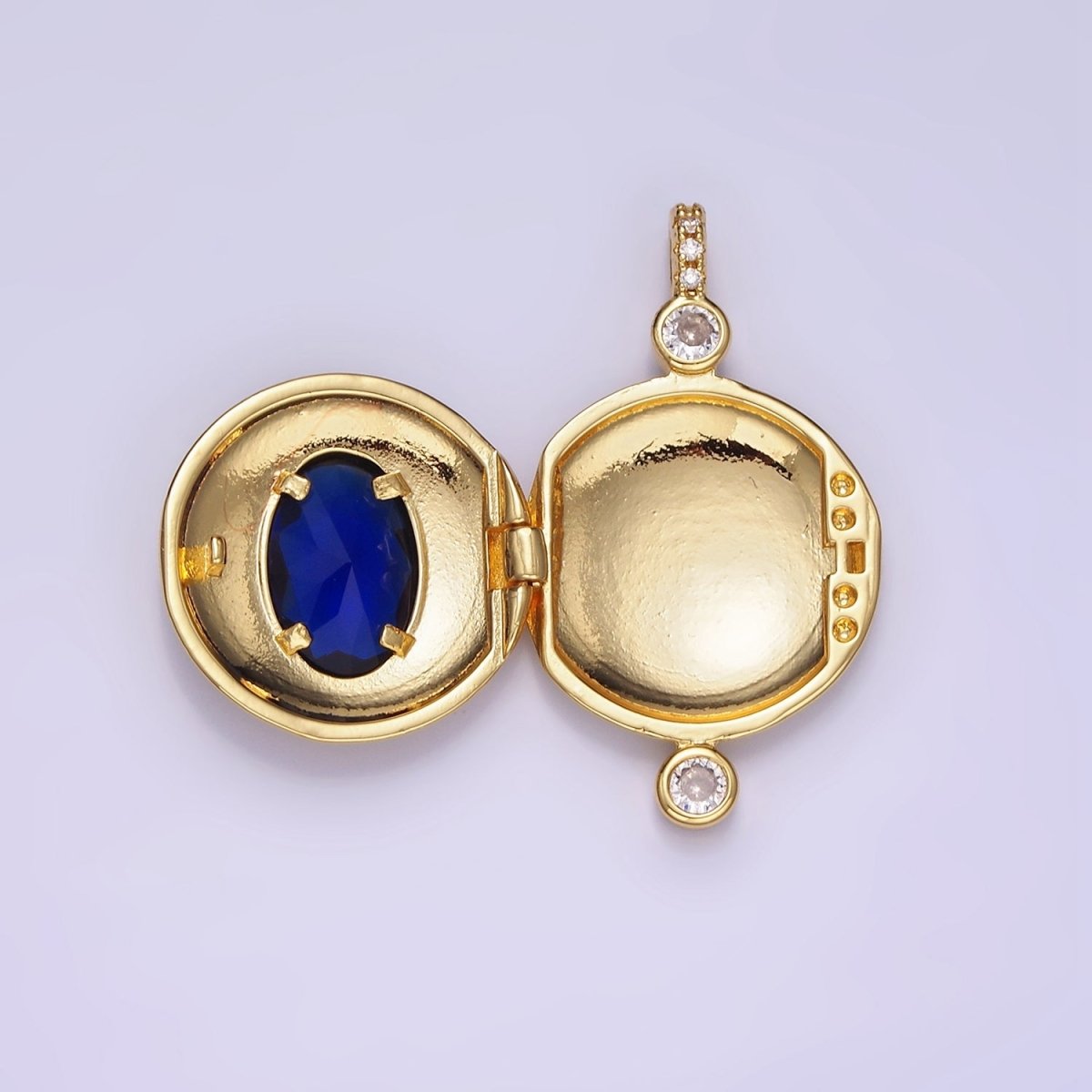 Gold Filled Blue CZ Oval Round Locket Micro Pave Bail Pendant in Gold or Silver