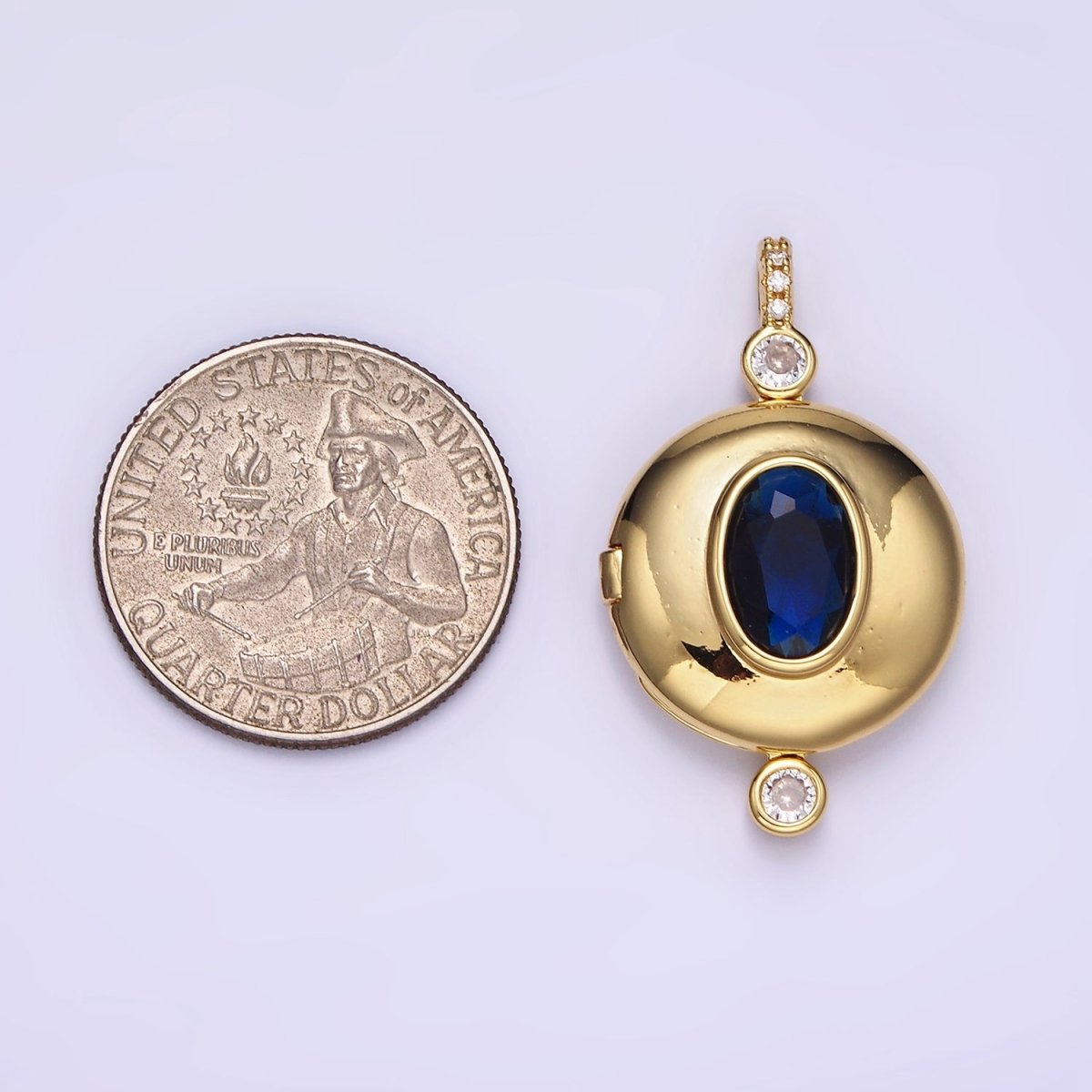 Gold Filled Blue CZ Oval Round Locket Micro Pave Bail Pendant in Gold or Silver