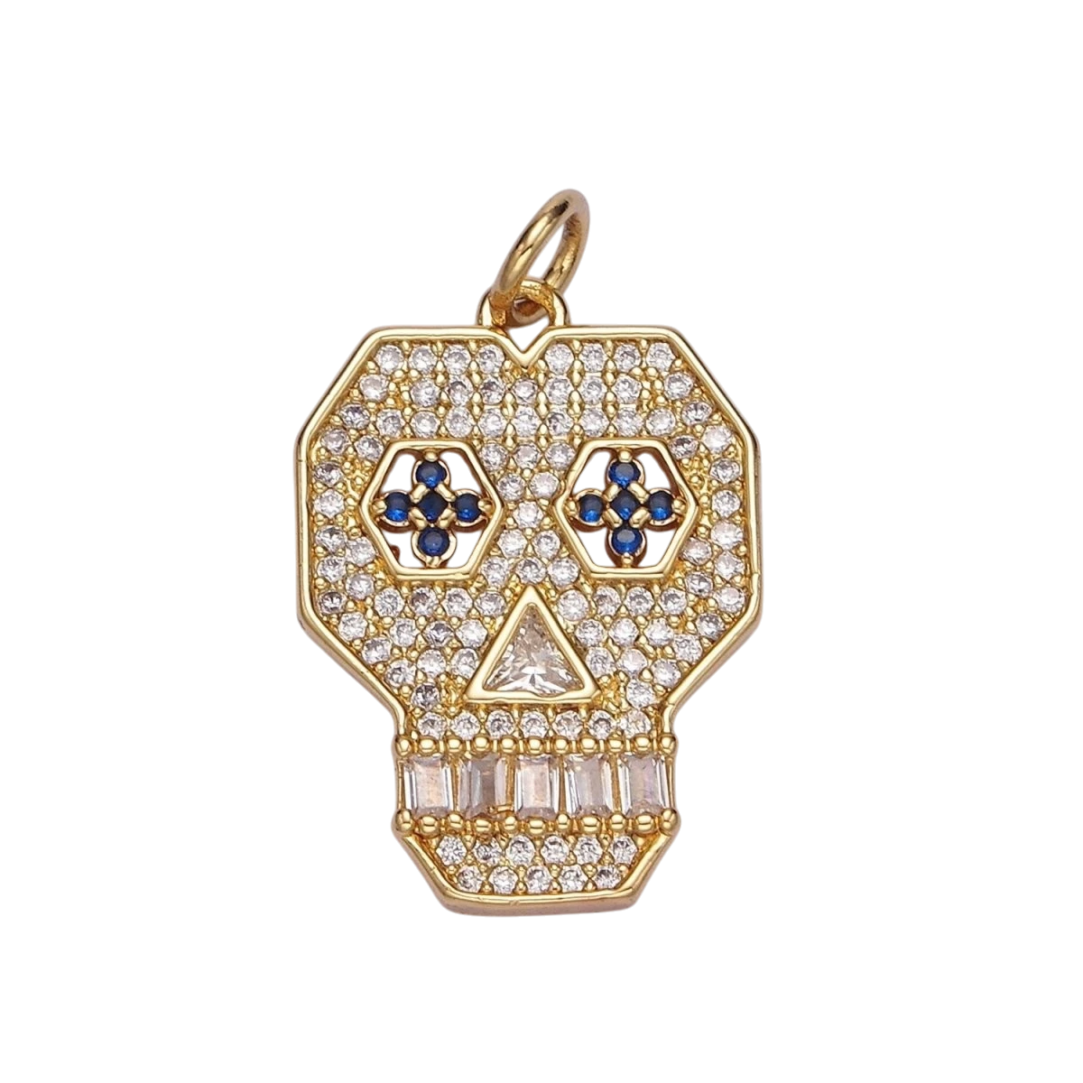14K Gold-Filled Blue-Eyed 21.6mm Skeleton Skull Clear Micro Pave CZ Charm