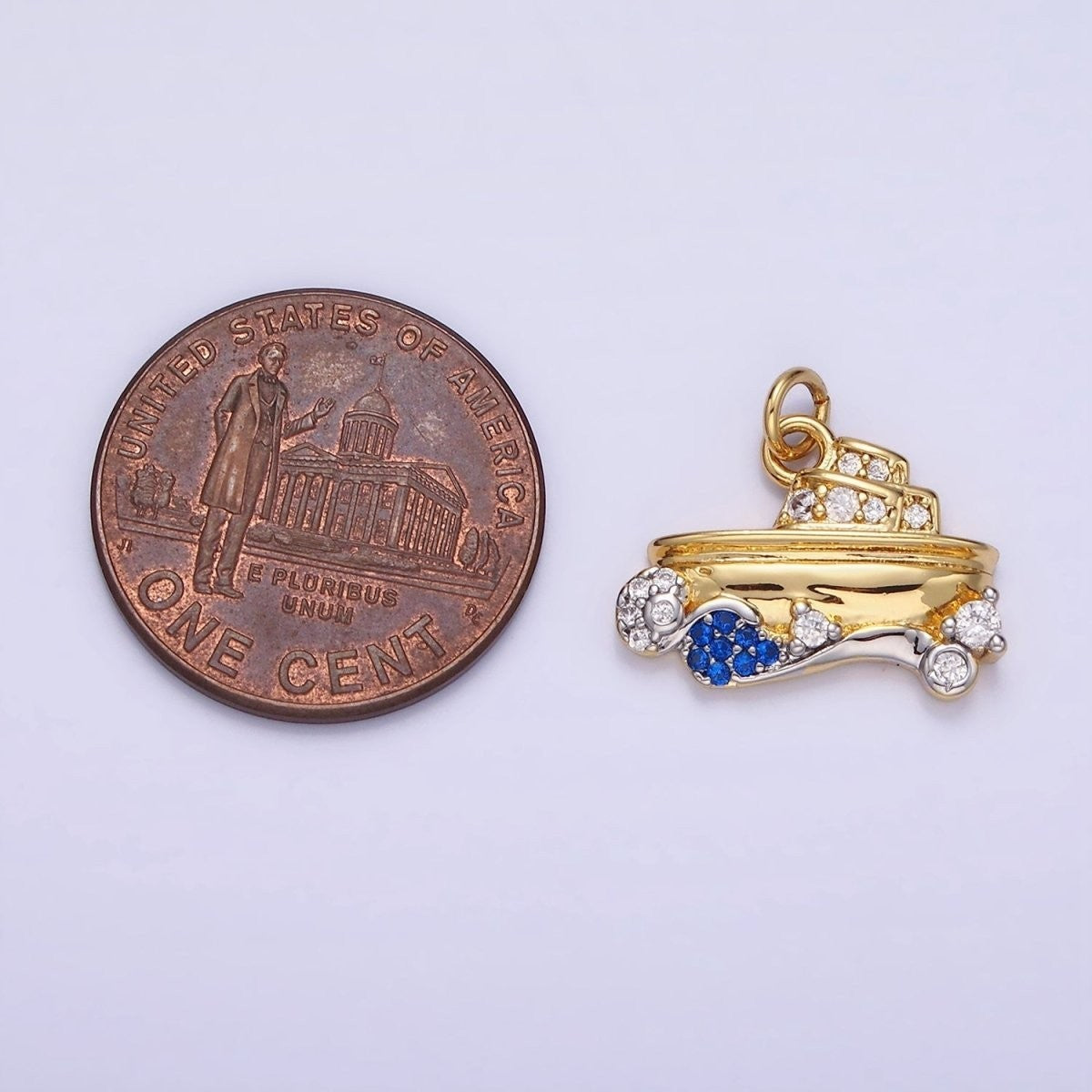 14K Gold Filled Boat Ocean Water CZ Micro Pave Mixed Metal Charm