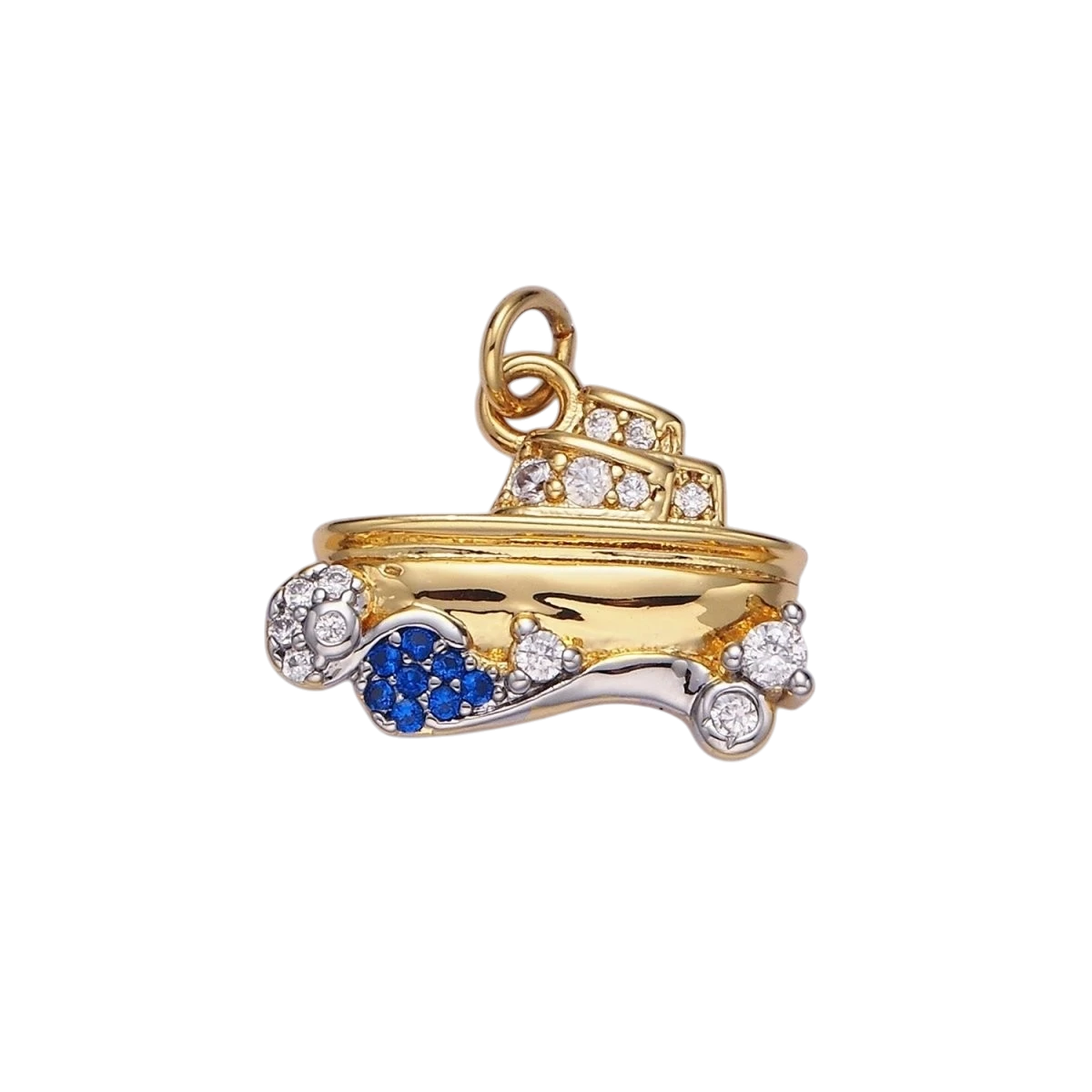 14K Gold Filled Boat Ocean Water CZ Micro Pave Mixed Metal Charm
