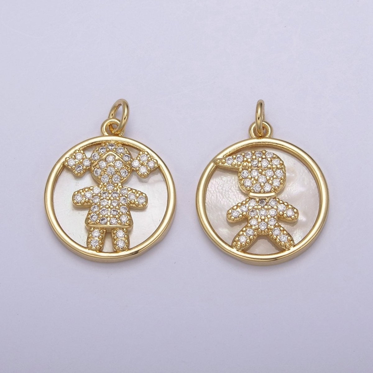 Gold-Filled 24mm Boy / Girl Charm CZ Micro Pave Pearl Boy and Girl Charm Cubic Zirconia