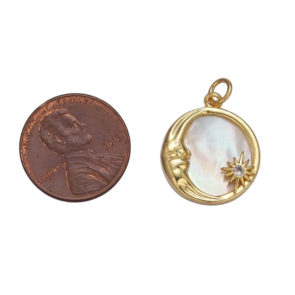 14K Gold Filled Celestial Crescent Moon Star Mother of Pearl Round Charm