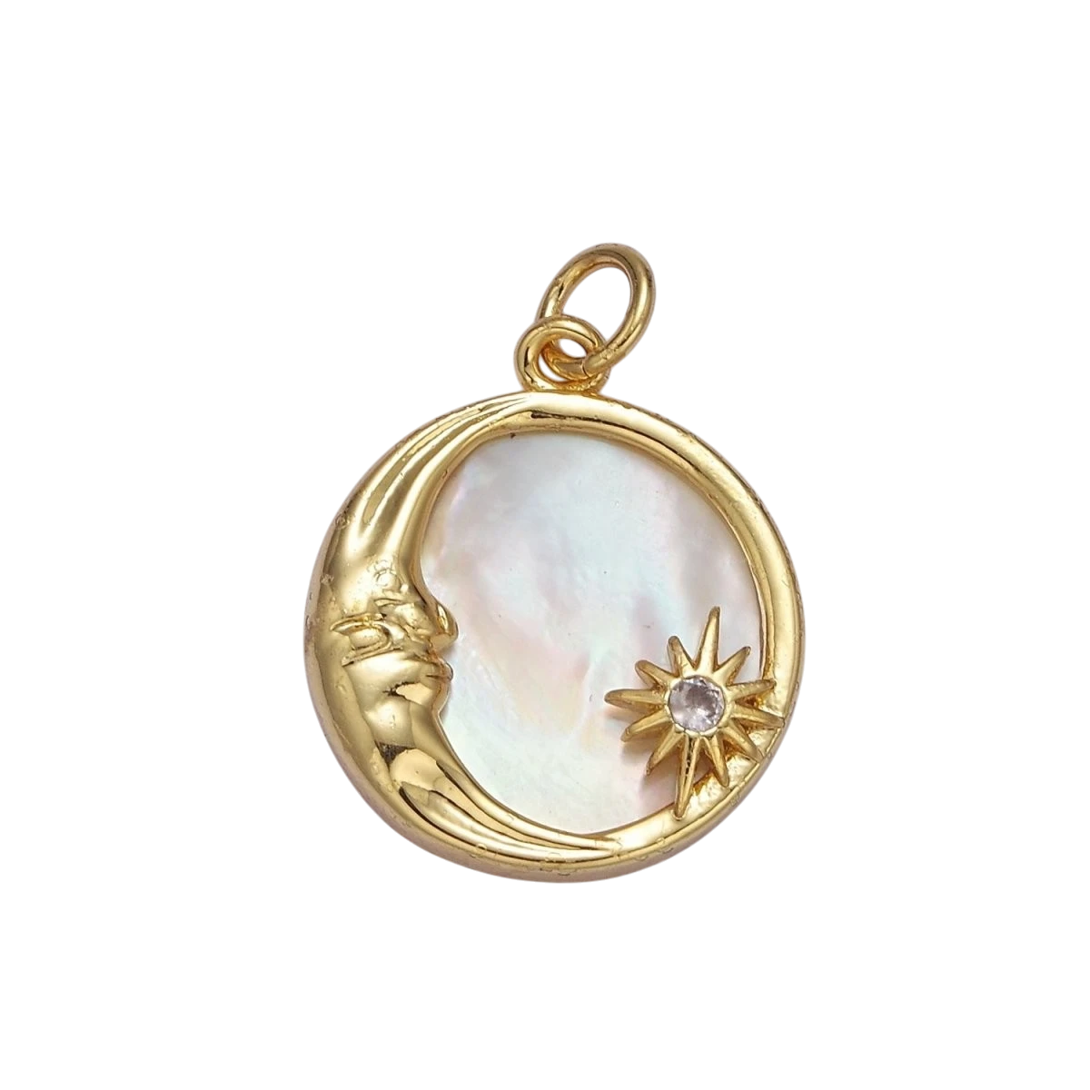 14K Gold Filled Celestial Crescent Moon Star Mother of Pearl Round Charm