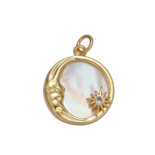 14K Gold Filled Celestial Crescent Moon Star Mother of Pearl Round Charm