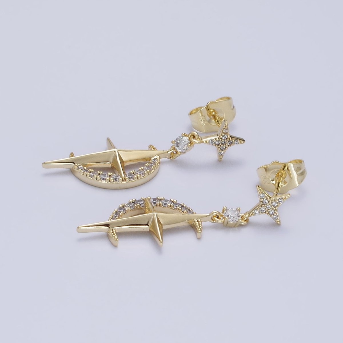 14K Gold Filled Celestial Crescent Moon Stars Micro Pave CZ Drop Stud Earrings