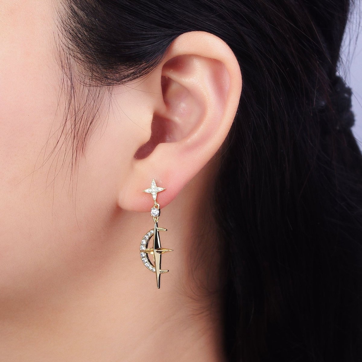 14K Gold Filled Celestial Crescent Moon Stars Micro Pave CZ Drop Stud Earrings