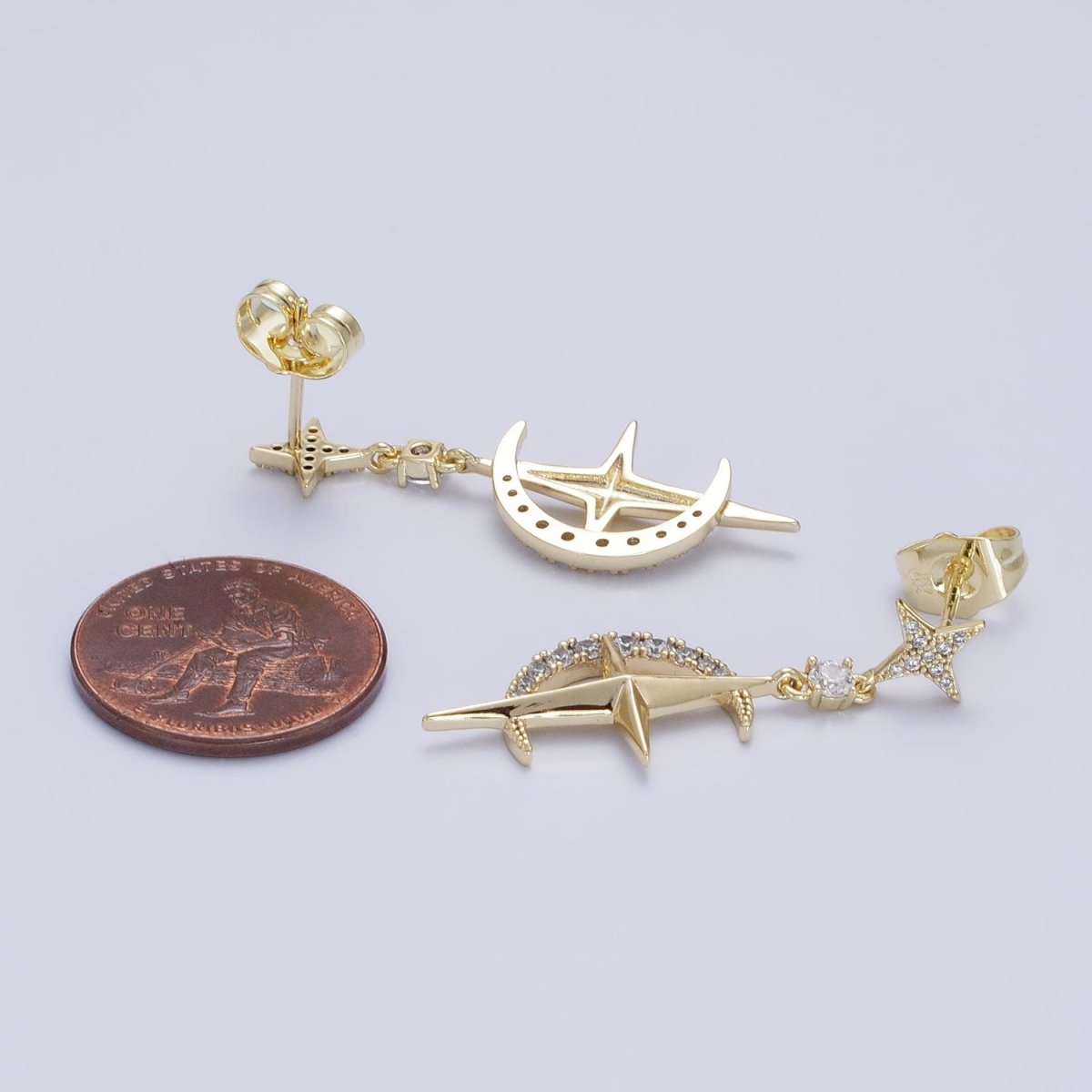 14K Gold Filled Celestial Crescent Moon Stars Micro Pave CZ Drop Stud Earrings