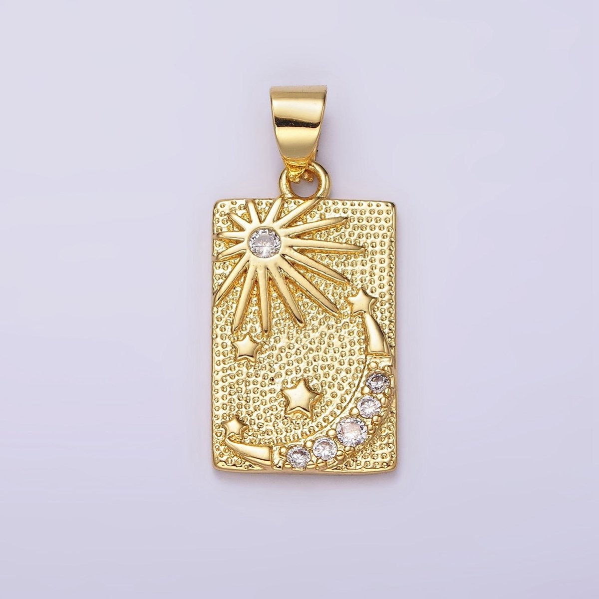 Gold-Filled 25mm Celestial Sun Stars Crescent Moon CZ Micro Pave Dotted Rectangular Tag Pendant