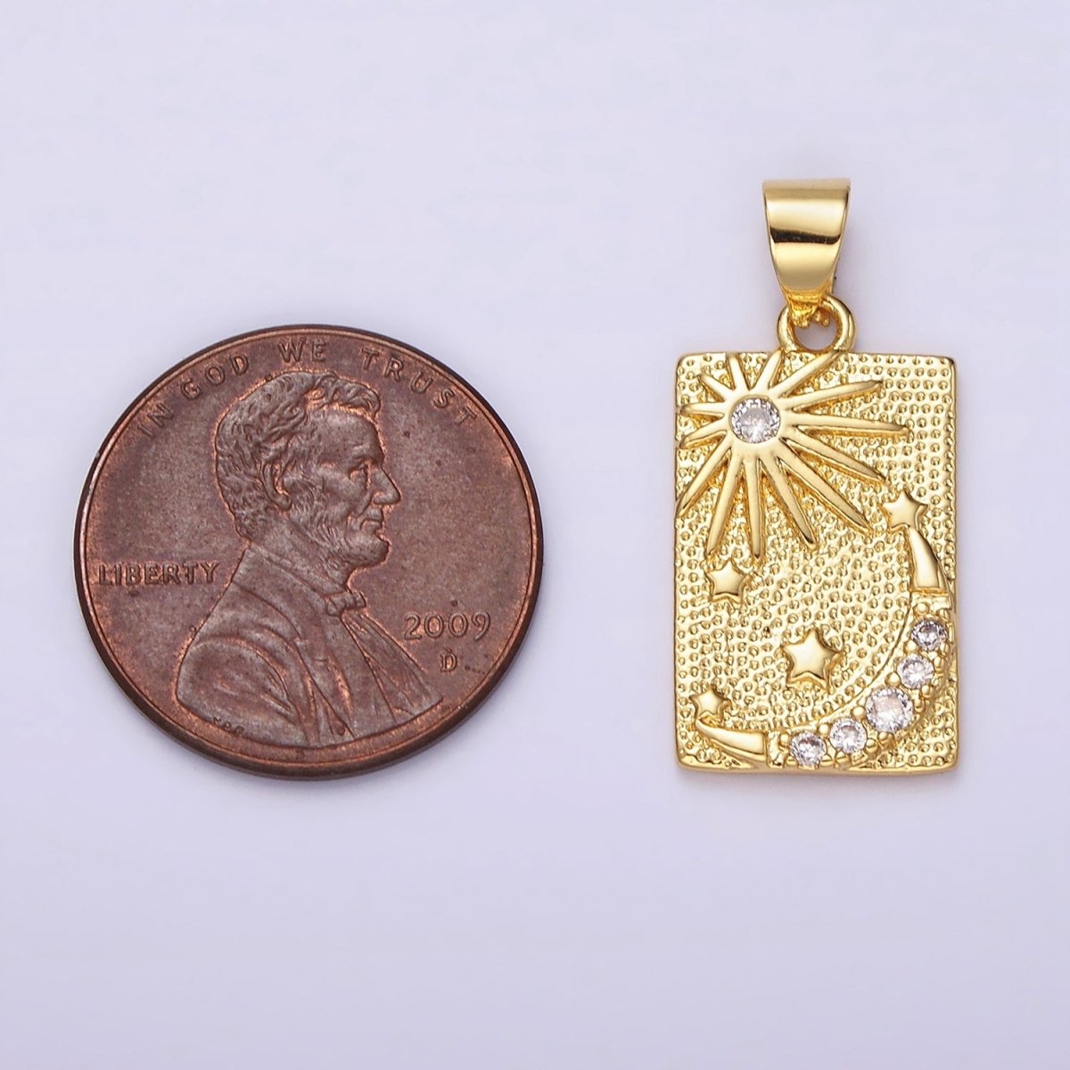 Gold-Filled 25mm Celestial Sun Stars Crescent Moon CZ Micro Pave Dotted Rectangular Tag Pendant