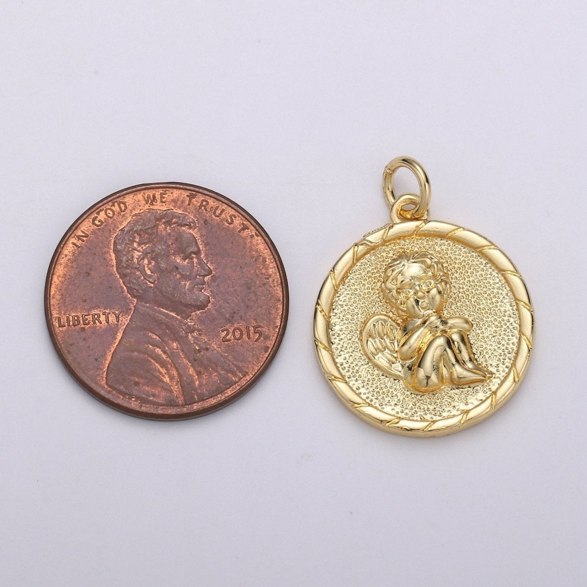 14K Gold Filled 23mm Cherub Pendant - Little Angel Charm - Coin Disc Charm- Gift for Daughter