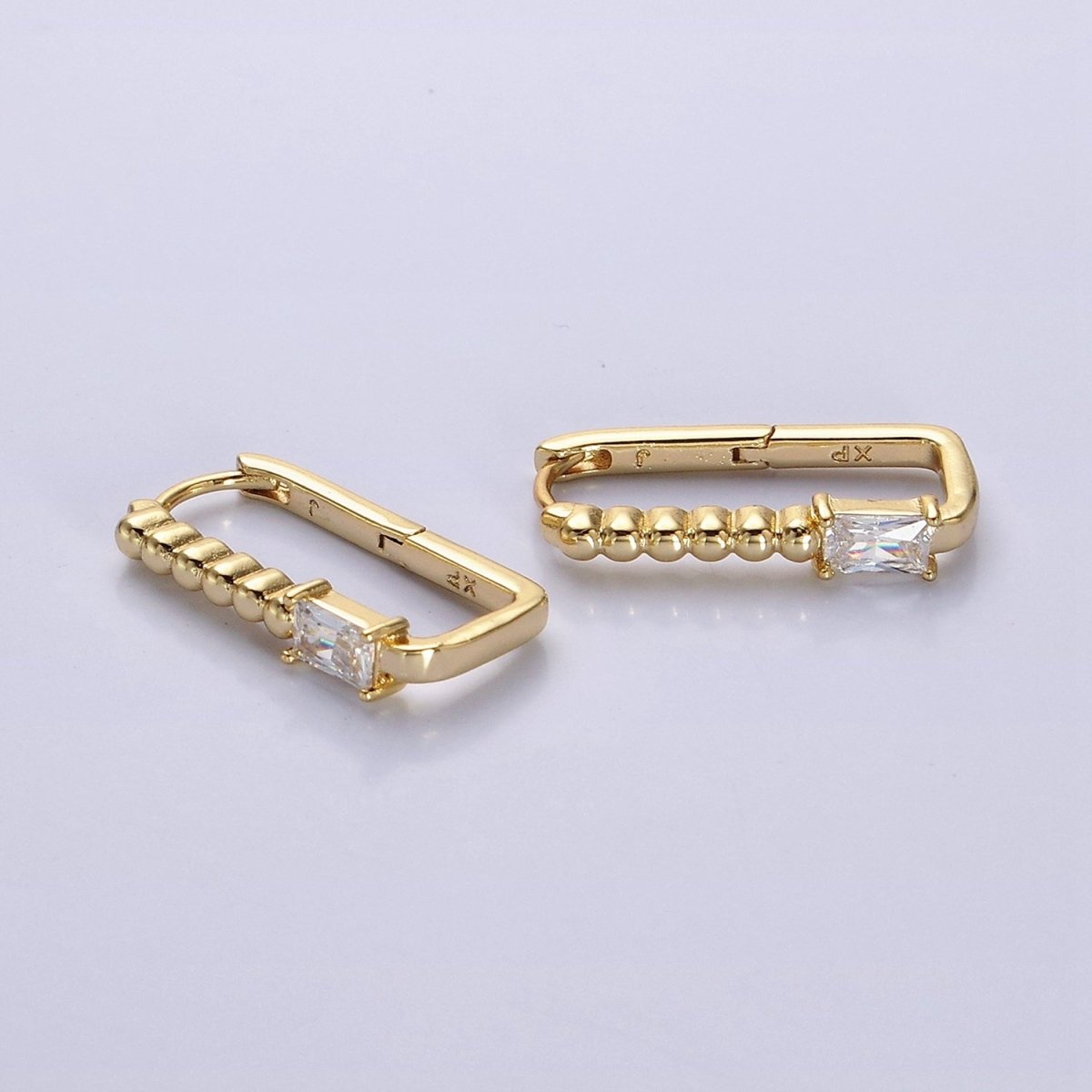14K Gold Filled Clear Baguette CZ Round Beaded Oblong Hoop Earrings