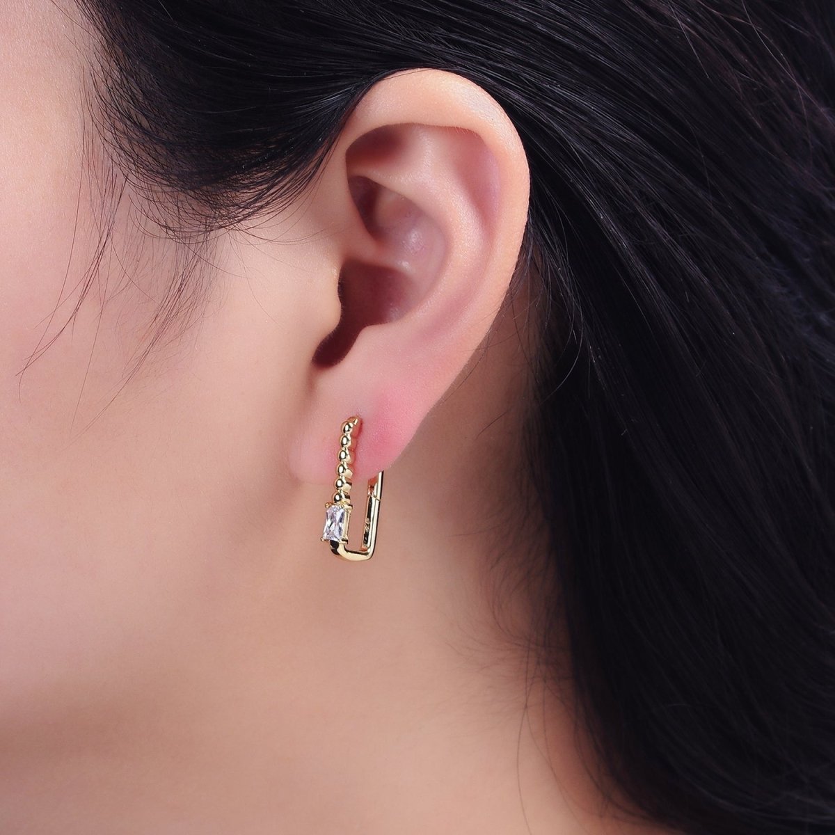 14K Gold Filled Clear Baguette CZ Round Beaded Oblong Hoop Earrings
