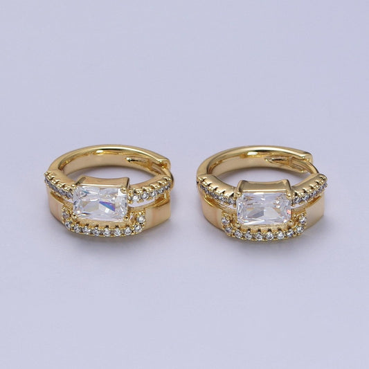 14K Gold Filled Clear Baguette Micro Pave Double Band Huggie Earrings