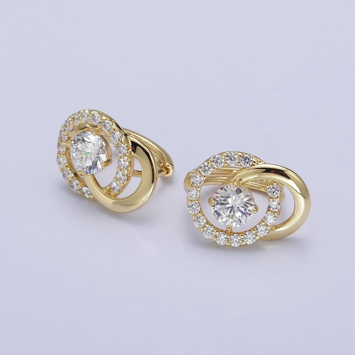 14K Gold Filled Clear, Blue CZ Double Round Micro Paved Geometric Huggie Earrings