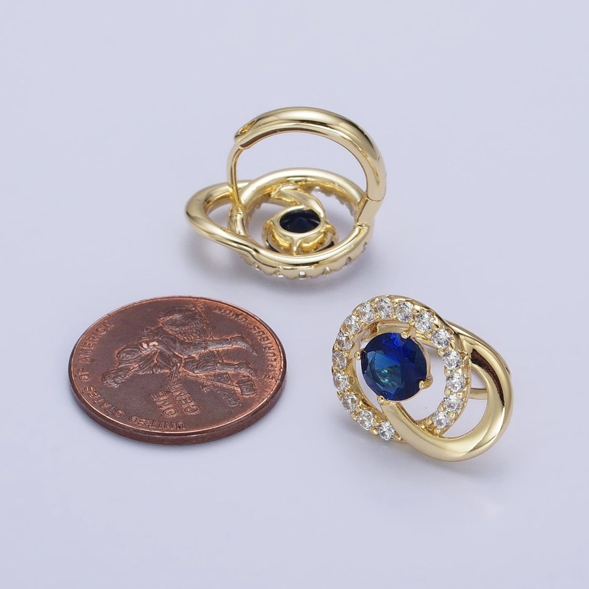 14K Gold Filled Clear, Blue CZ Double Round Micro Paved Geometric Huggie Earrings