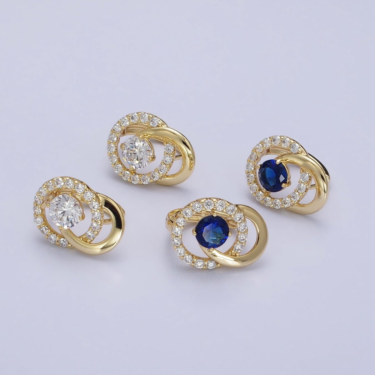 14K Gold Filled Clear, Blue CZ Double Round Micro Paved Geometric Huggie Earrings