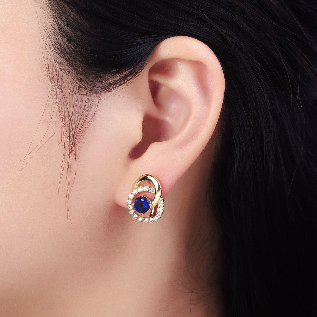 14K Gold Filled Clear, Blue CZ Double Round Micro Paved Geometric Huggie Earrings