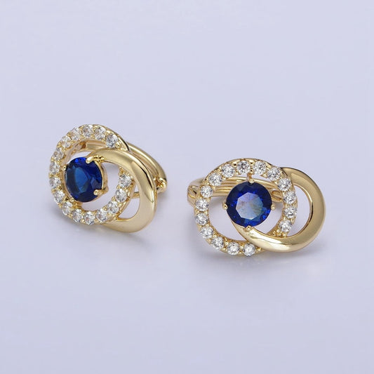 14K Gold Filled Clear, Blue CZ Double Round Micro Paved Geometric Huggie Earrings