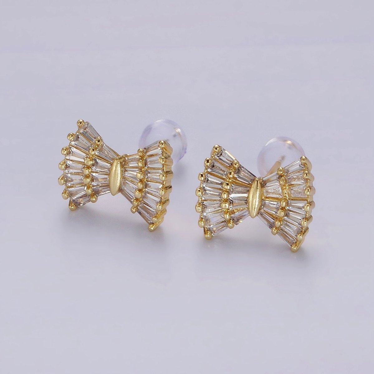 Gorgeous Gold-Filled Clear CZ Baguette Bow Ribbon Stud Earrings