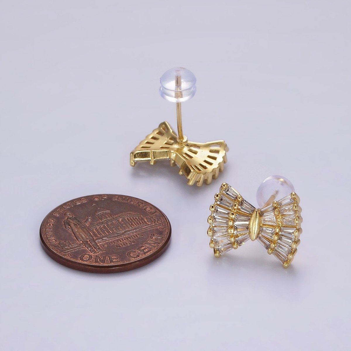 Gorgeous Gold-Filled Clear CZ Baguette Bow Ribbon Stud Earrings