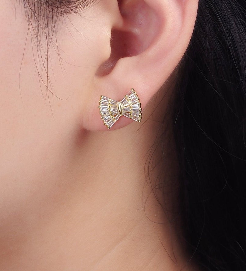 Gorgeous Gold-Filled Clear CZ Baguette Bow Ribbon Stud Earrings