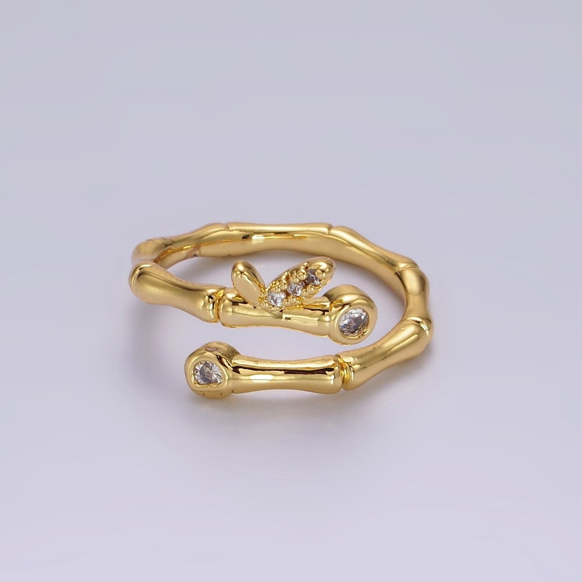 Delicate 14K Gold Filled Clear CZ Bamboo Leaf Nature Wrap Ring