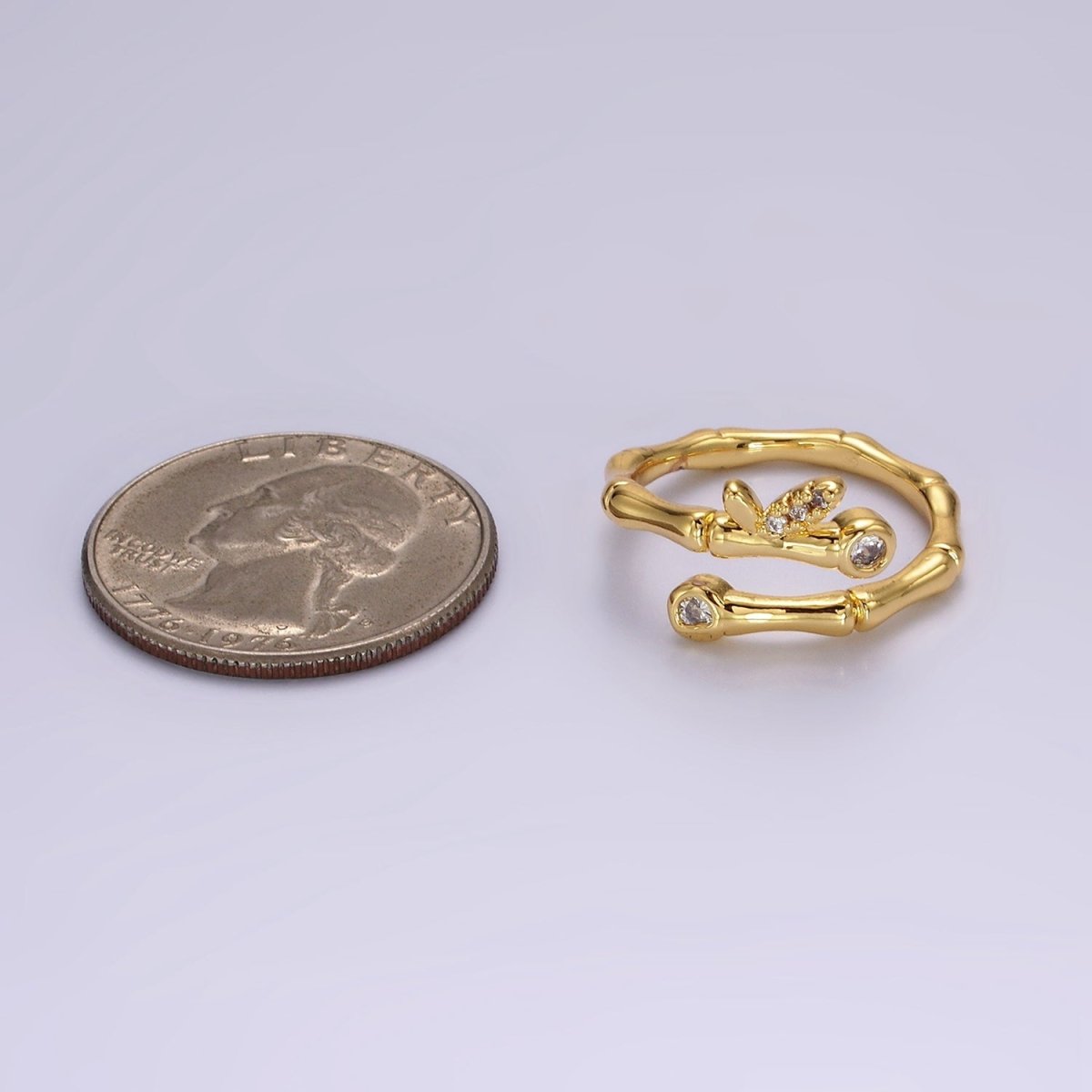 Delicate 14K Gold Filled Clear CZ Bamboo Leaf Nature Wrap Ring