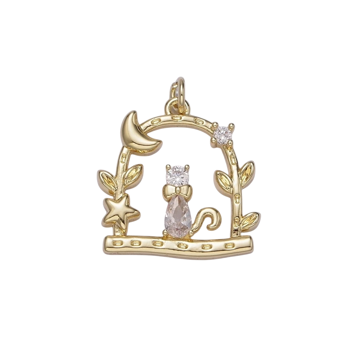 14K Gold Filled Clear CZ Cat Animal Pet Celestial Crescent Moon Star Night Leaf Dented Open Gate Garden Charm