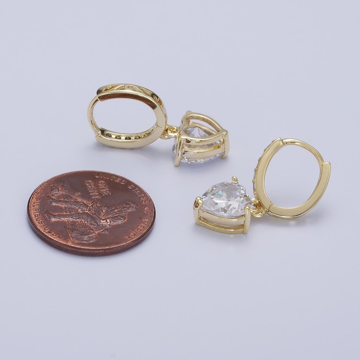 14K Gold Filled Clear CZ Heart Drop Micro Pave Oblong Hoop Earrings