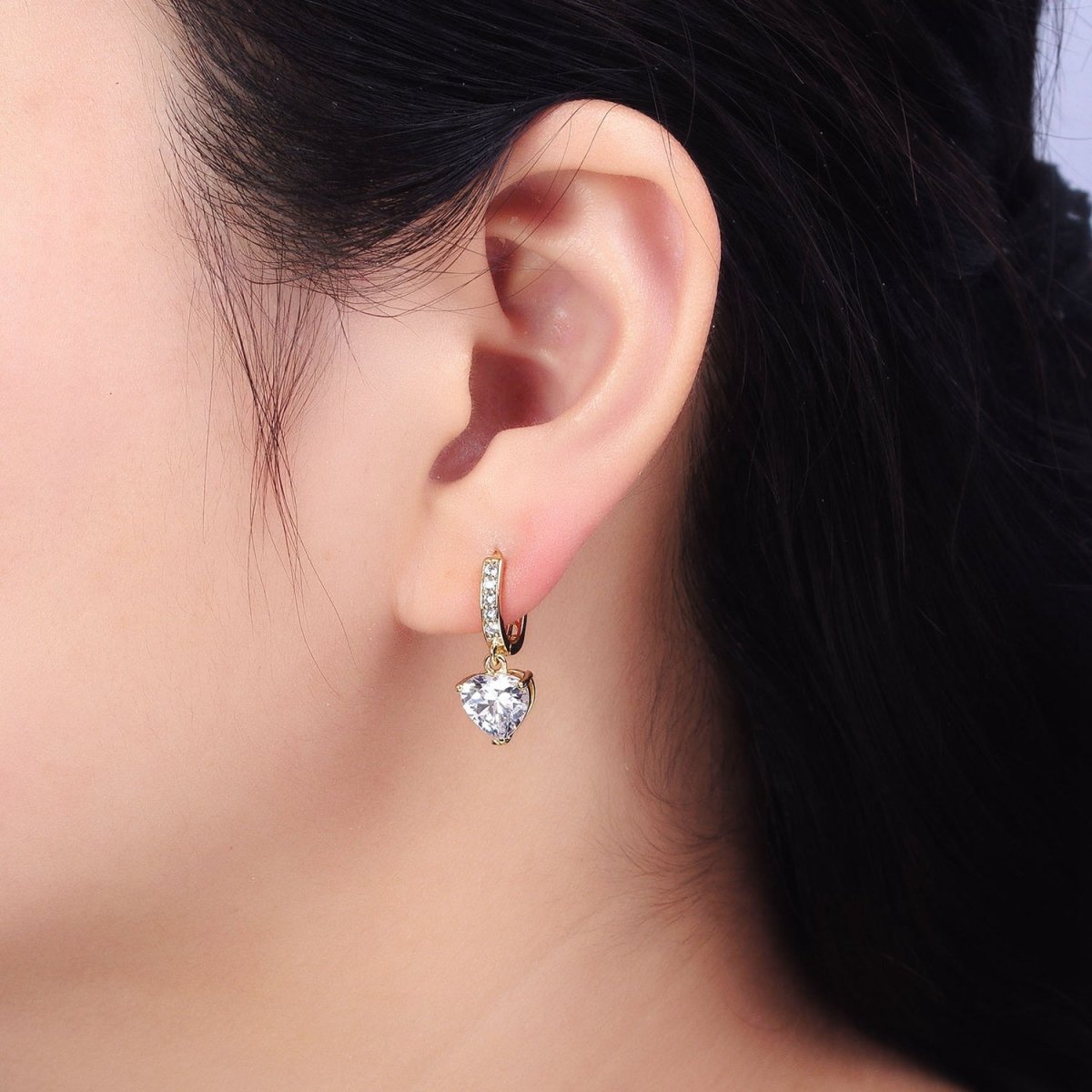14K Gold Filled Clear CZ Heart Drop Micro Pave Oblong Hoop Earrings