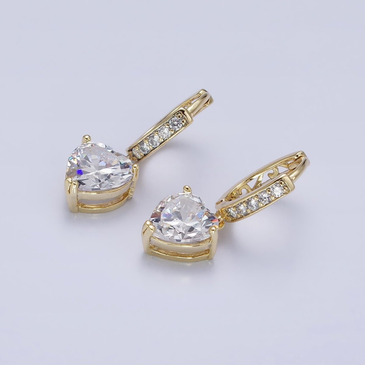 14K Gold Filled Clear CZ Heart Drop Micro Pave Oblong Hoop Earrings