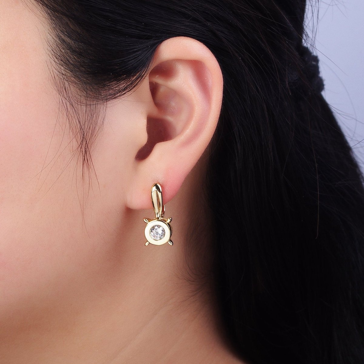 Unique 14K Gold Filled Clear CZ Round Bezel Dotted English Lock Earrings
