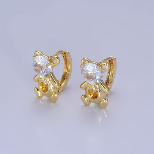 Cute 14K Gold Filled Clear CZ Teddy Bear Huggie Earrings