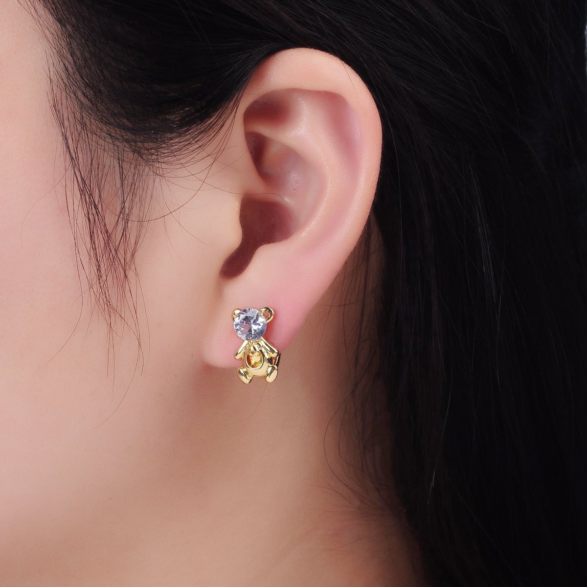 Cute 14K Gold Filled Clear CZ Teddy Bear Huggie Earrings