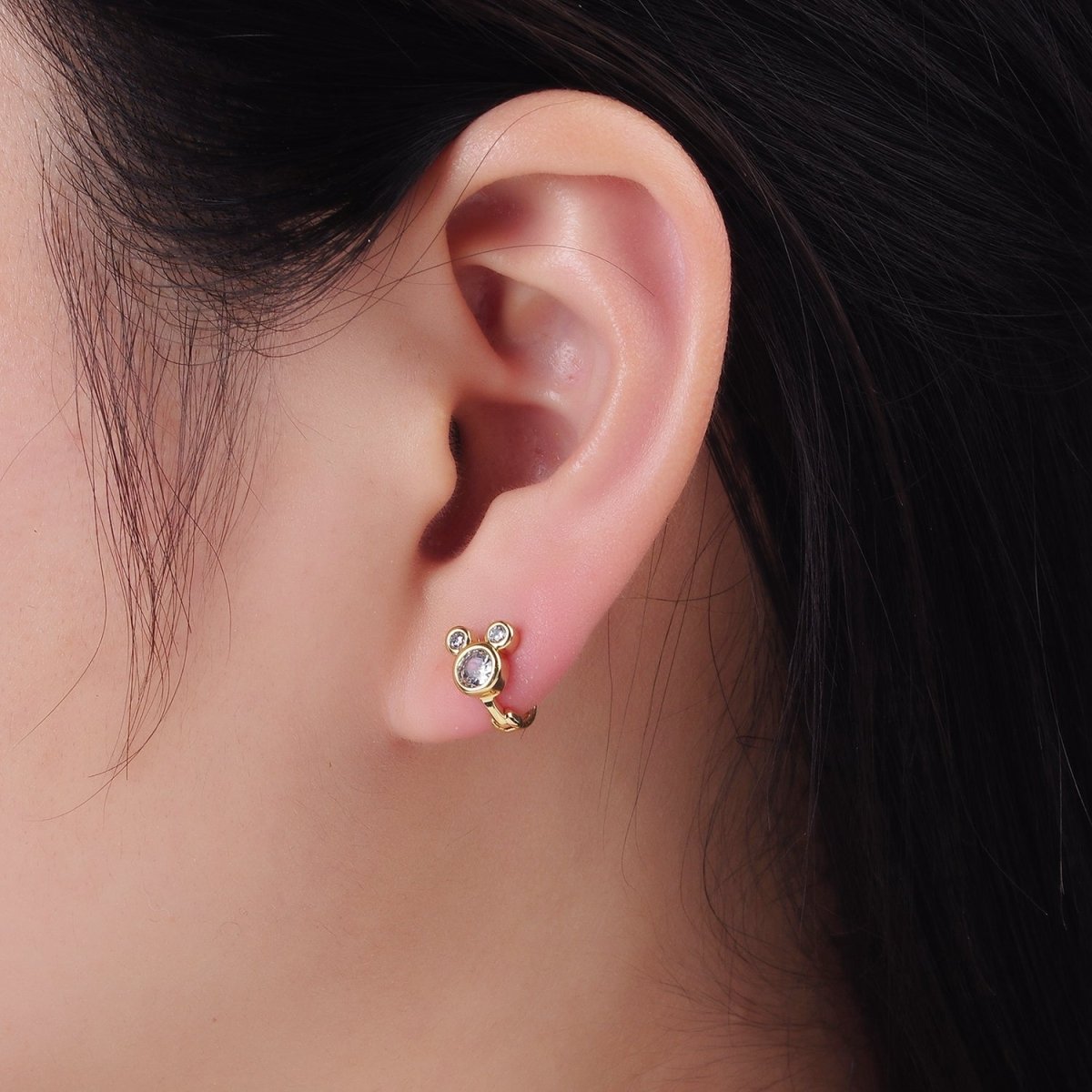 Dainty 14K Gold Filled Clear CZ Triple Mouse Huggie Earrings