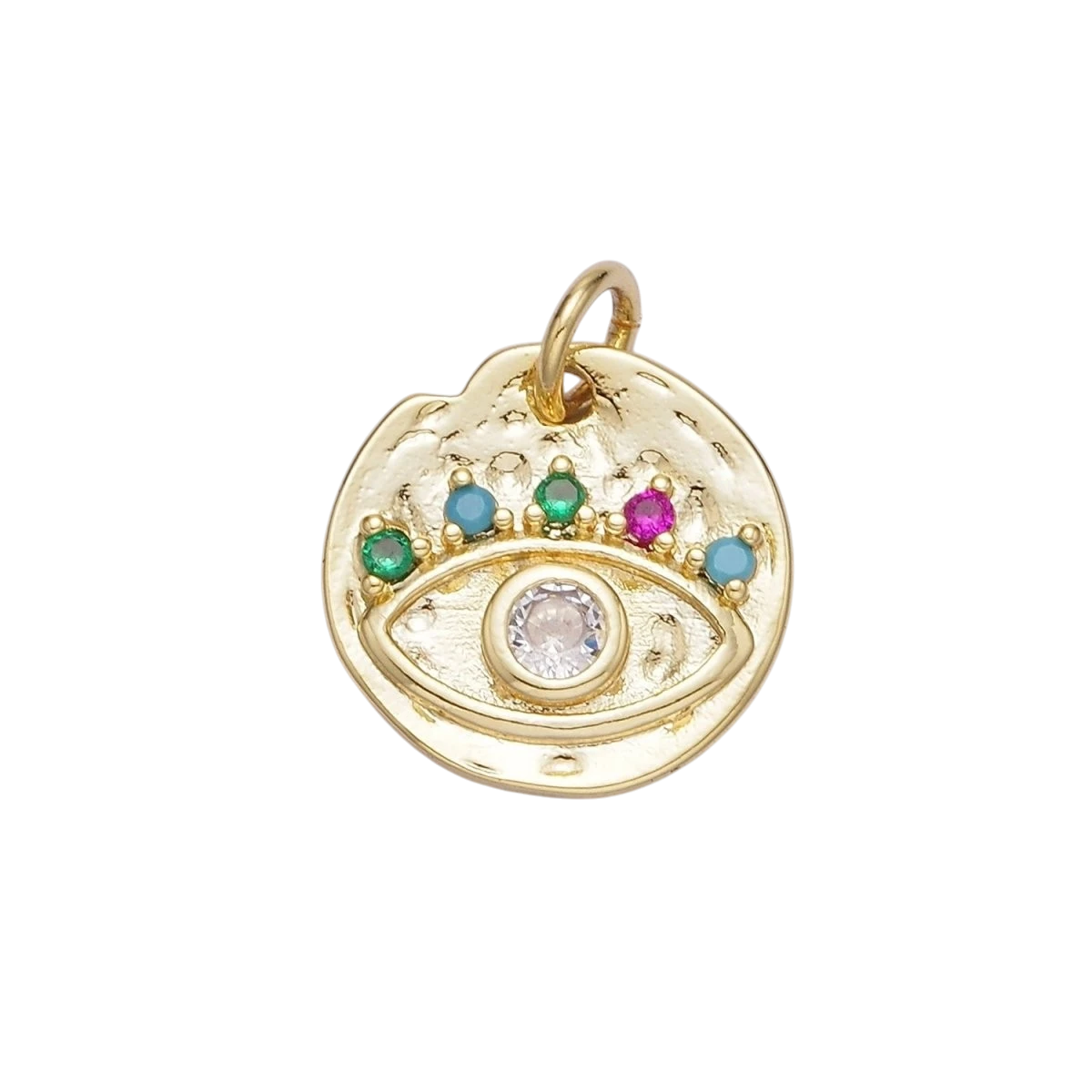 14K Gold Filled Clear Evil Eye Multicolor CZ Hammered Round Charm