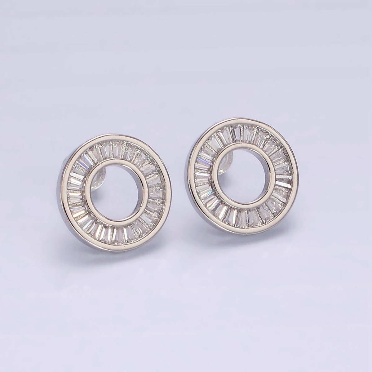 Simple 14K Gold Filled Clear, Green CZ Baguette Lined Open Round Stud Earrings in Gold & Silver