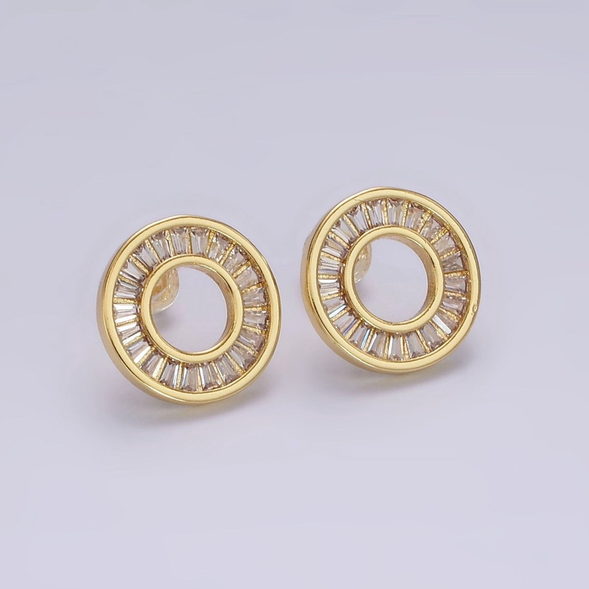 Simple 14K Gold Filled Clear, Green CZ Baguette Lined Open Round Stud Earrings in Gold & Silver