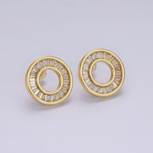 Simple 14K Gold Filled Clear, Green CZ Baguette Lined Open Round Stud Earrings in Gold & Silver