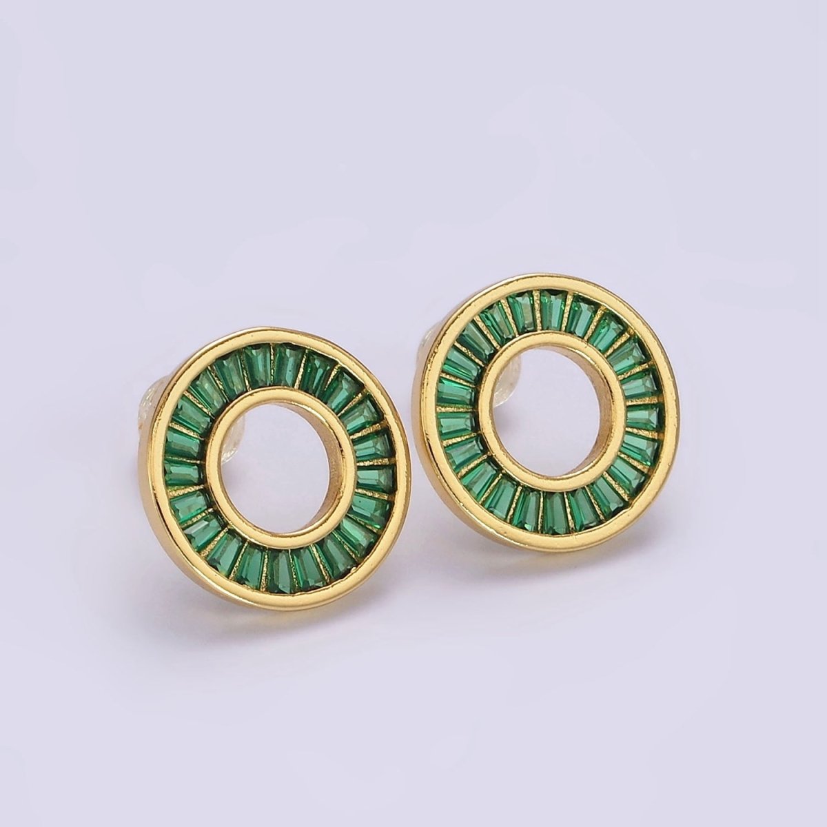Simple 14K Gold Filled Clear, Green CZ Baguette Lined Open Round Stud Earrings in Gold & Silver